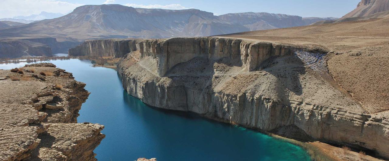 The blue lakes of Band-e Amir between limestone cliffs in Bamyan, Afghanistan